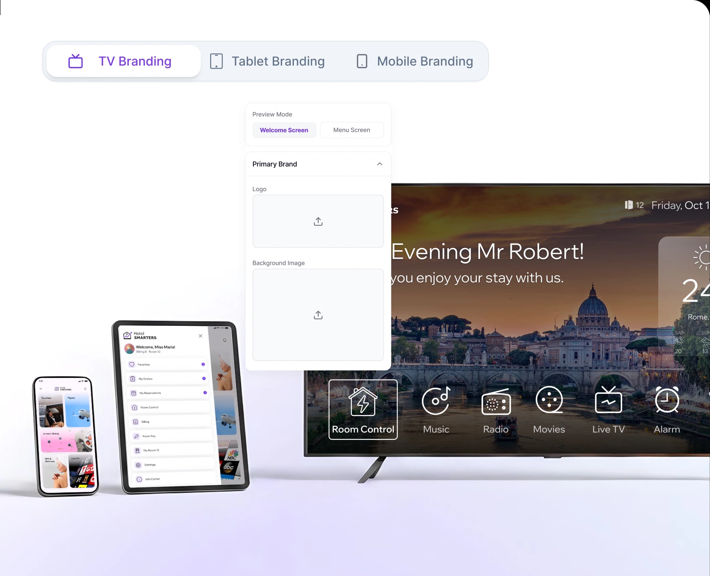 App Builder interface showing TV, Tablet, and Mobile branding options