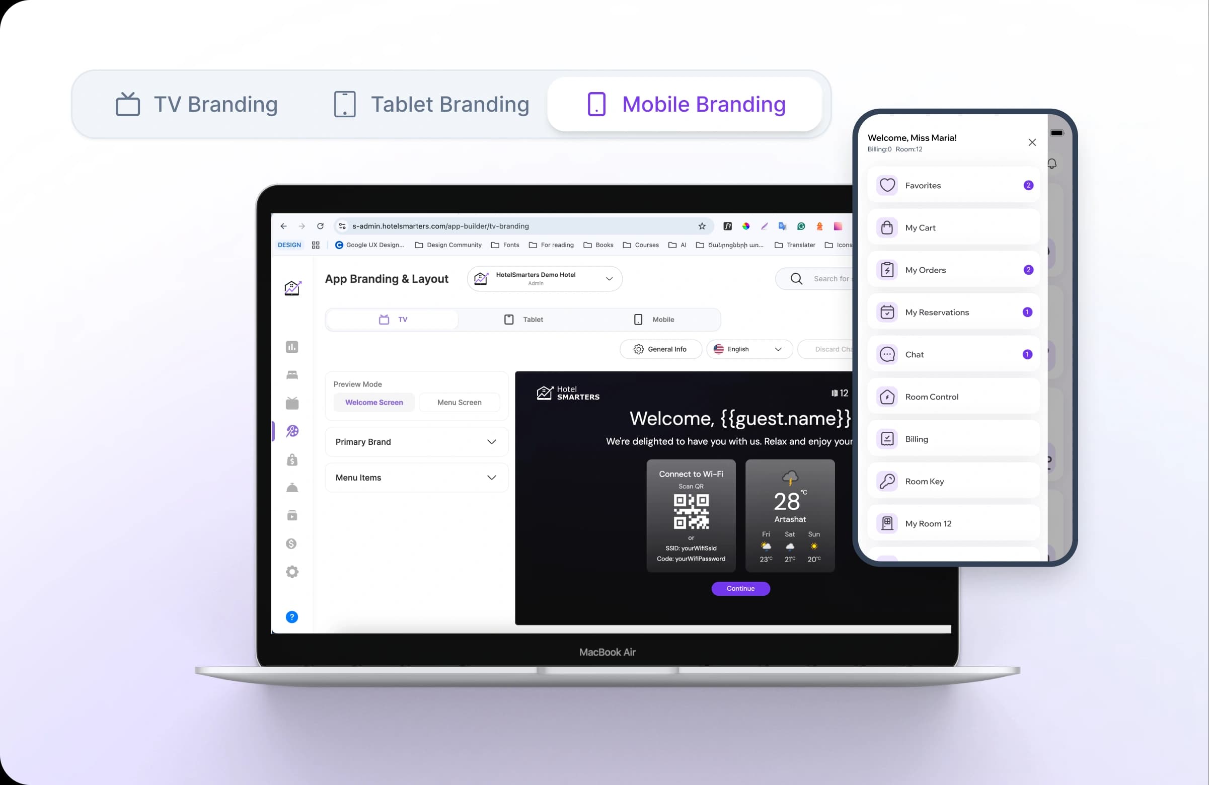 App Builder interface showing TV, Tablet, and Mobile Branding controls