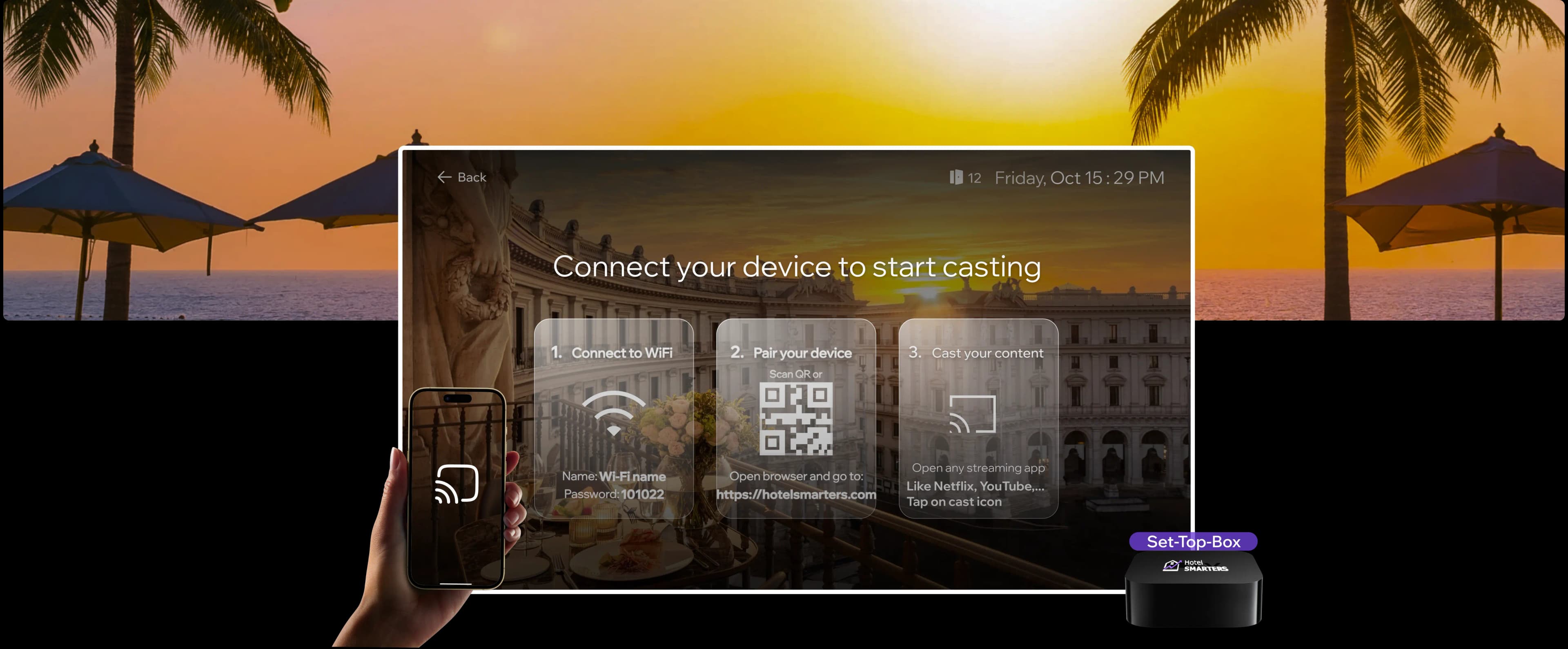HotelSmarters casting on an in-room TV with phone and Set-Top-Box