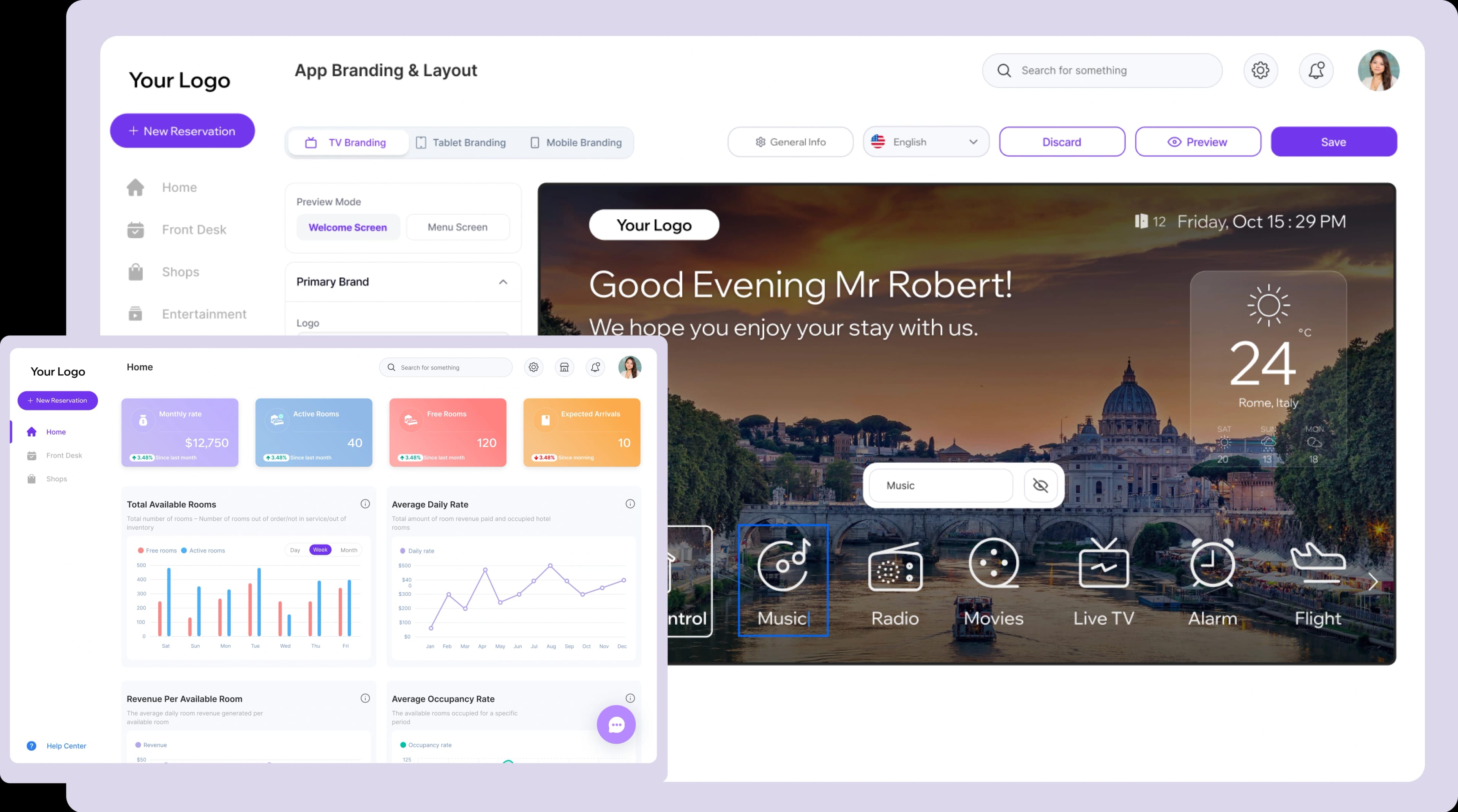 Centralized Hotel CMS dashboard controlling guest-facing screens