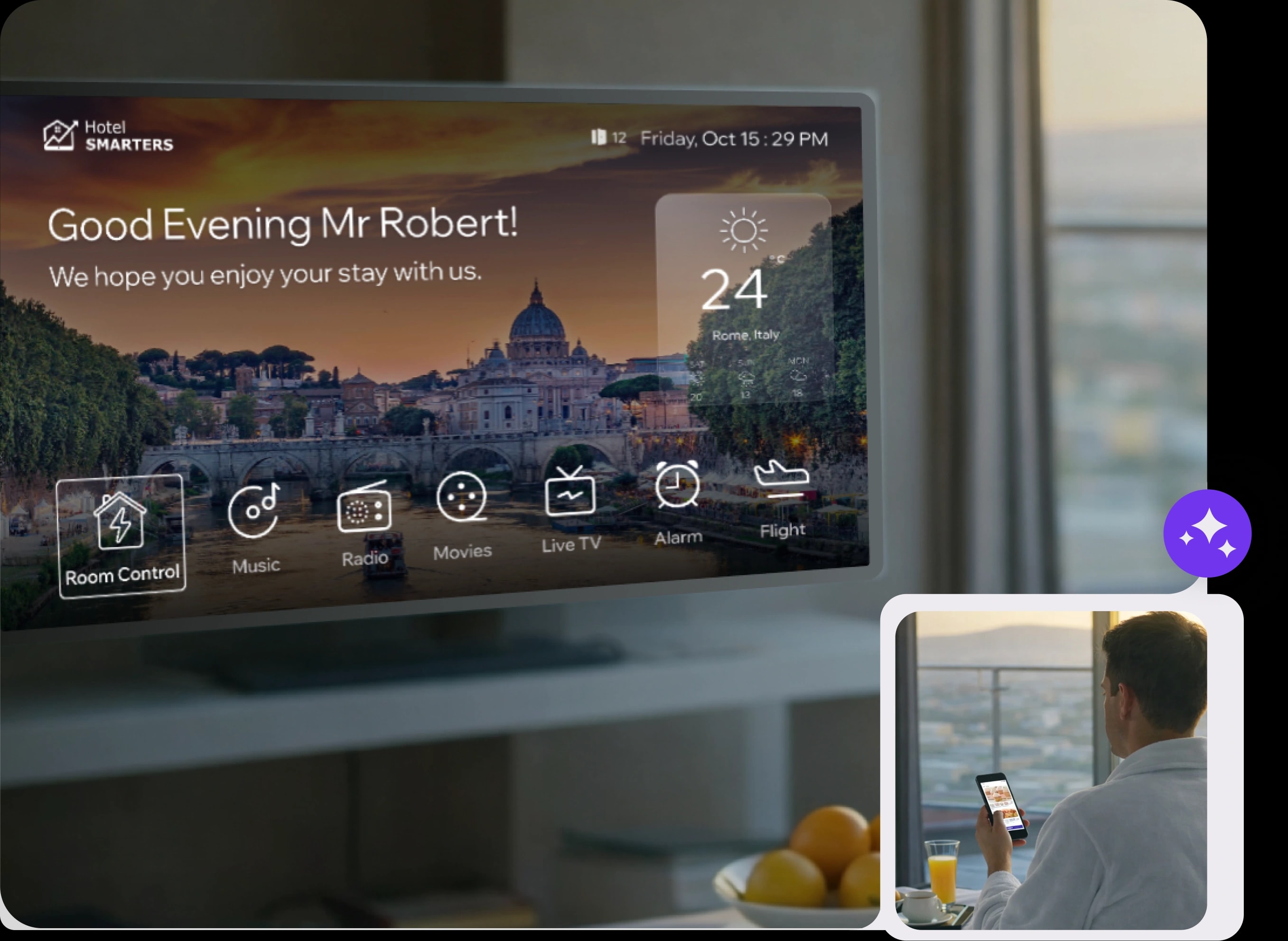 Hotel room with Smarters HOTEL TV display
